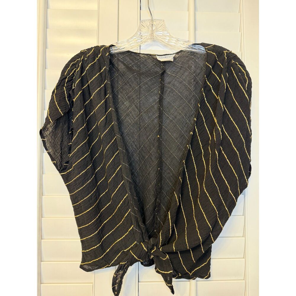 Vintage Sandcastle 70s 80s Cotton Gold Metallic Striped Tie Front Peasant Top S
